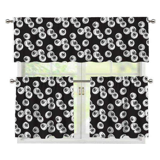 Black And White Eyeball Pattern Print 3 Piece Kitchen Curtains