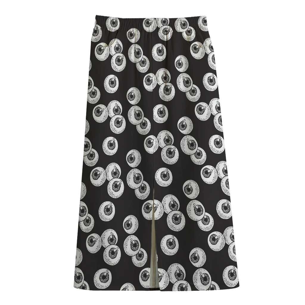 Black And White Eyeball Pattern Print Cotton Front Slit Maxi Skirt