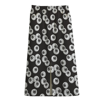 Black And White Eyeball Pattern Print Cotton Front Slit Maxi Skirt