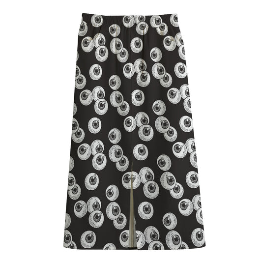 Black And White Eyeball Pattern Print Cotton Front Slit Maxi Skirt