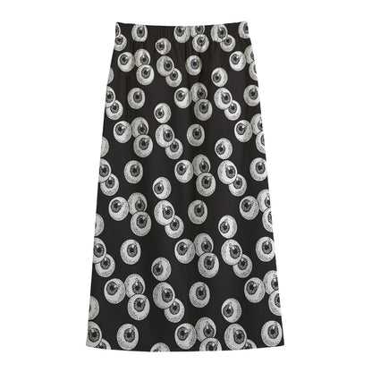 Black And White Eyeball Pattern Print Cotton Front Slit Maxi Skirt