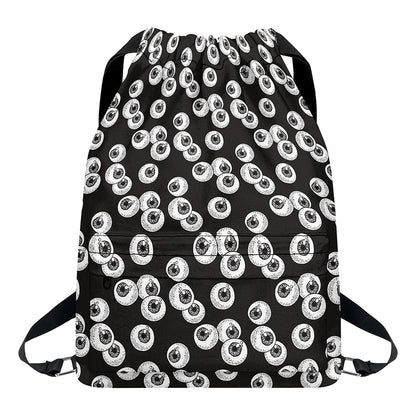 Black And White Eyeball Pattern Print Drawstring Backpack