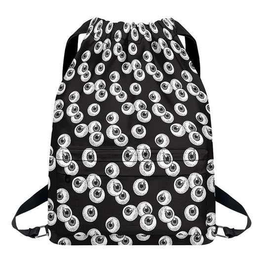 Black And White Eyeball Pattern Print Drawstring Backpack