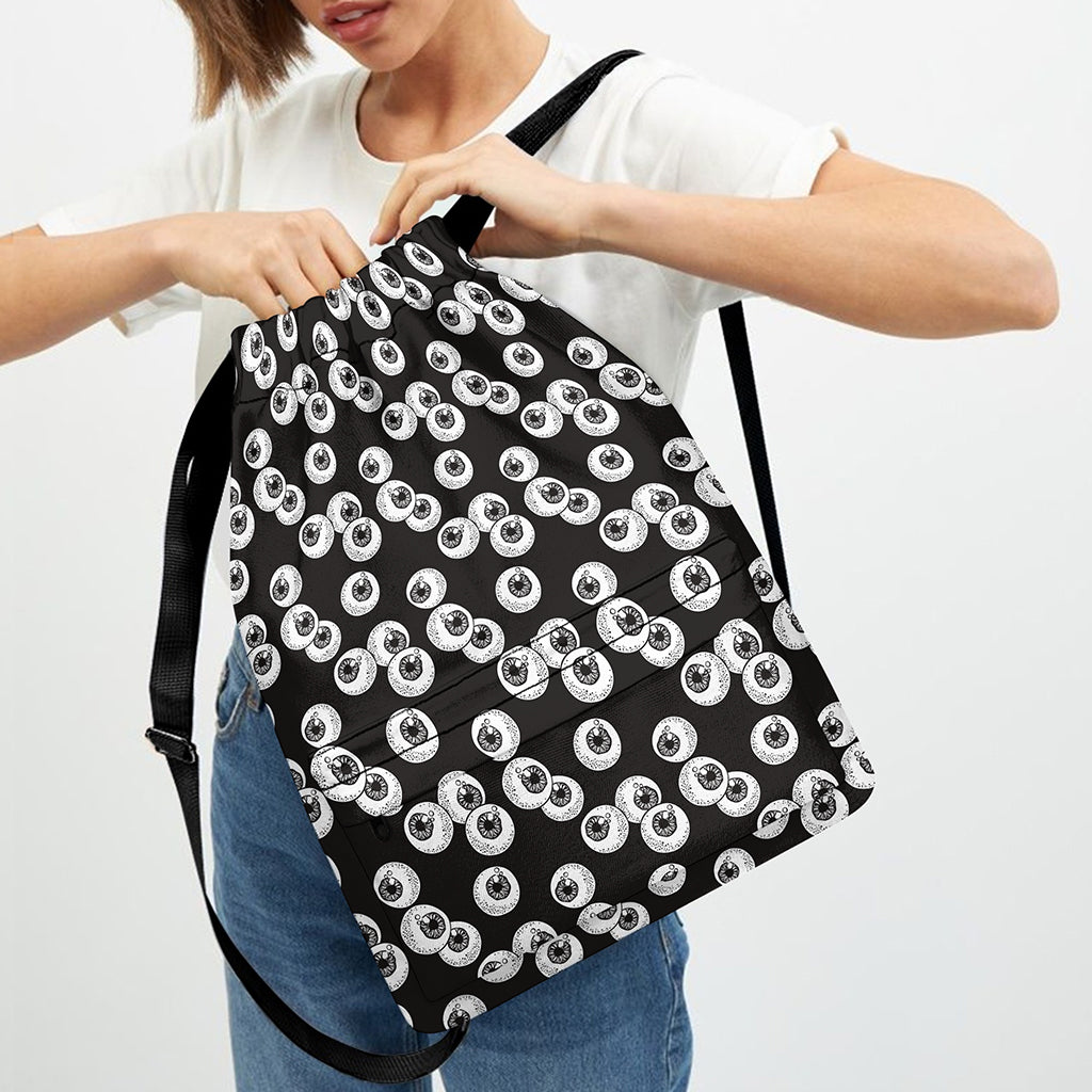 Black And White Eyeball Pattern Print Drawstring Backpack