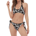 Black And White Eyeball Pattern Print Halter Scoop Tie Side Bikini