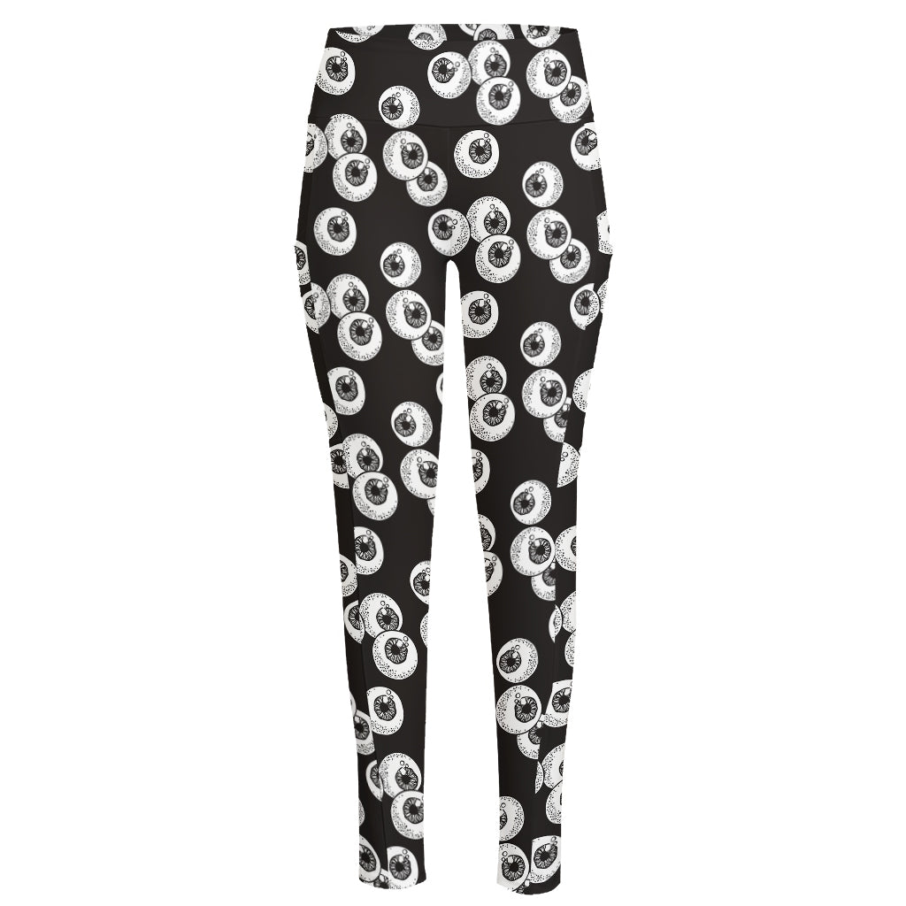 Black And White Eyeball Pattern Print High-Waisted Pocket Leggings