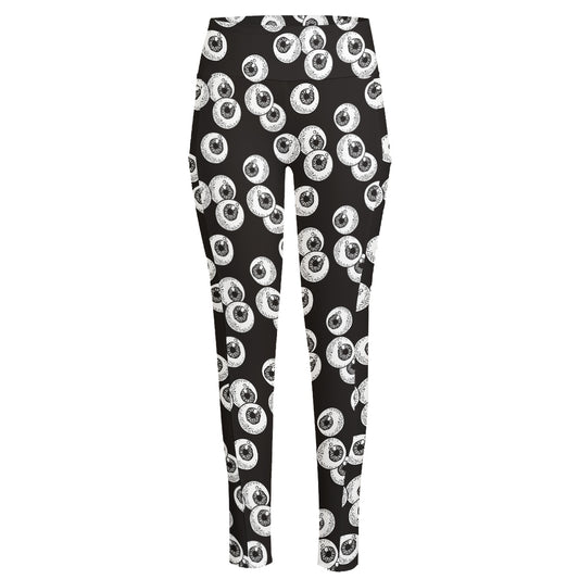 Black And White Eyeball Pattern Print High-Waisted Pocket Leggings