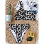 Black And White Eyeball Pattern Print One Shoulder Bikini Top