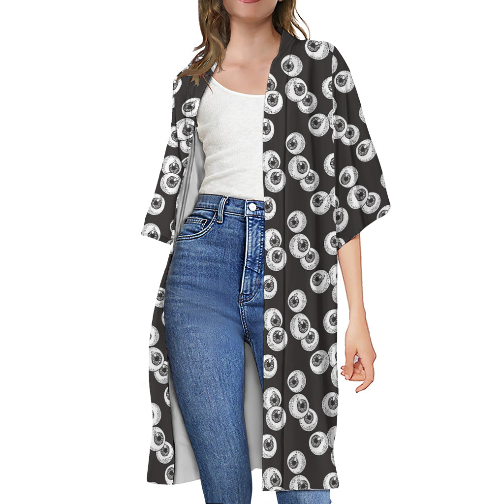 Black And White Eyeball Pattern Print Open Front Beach Cover Up