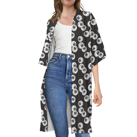 Black And White Eyeball Pattern Print Open Front Beach Cover Up