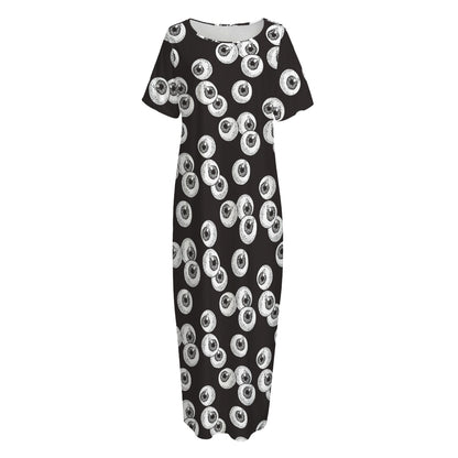 Black And White Eyeball Pattern Print Short Sleeve Long Nightdress