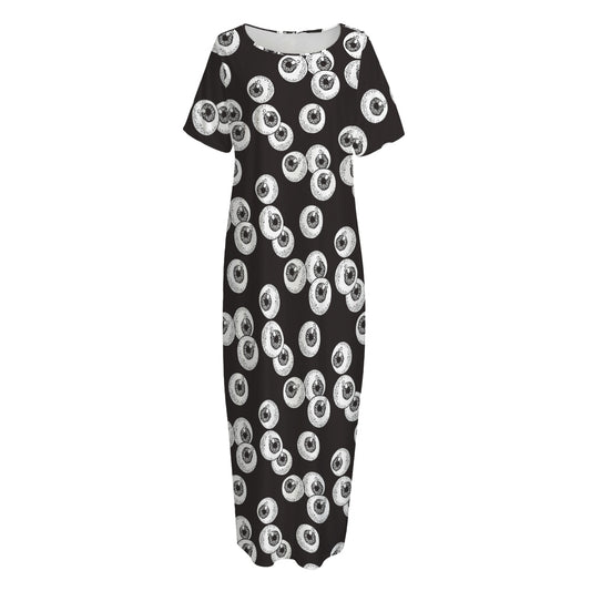 Black And White Eyeball Pattern Print Short Sleeve Long Nightdress