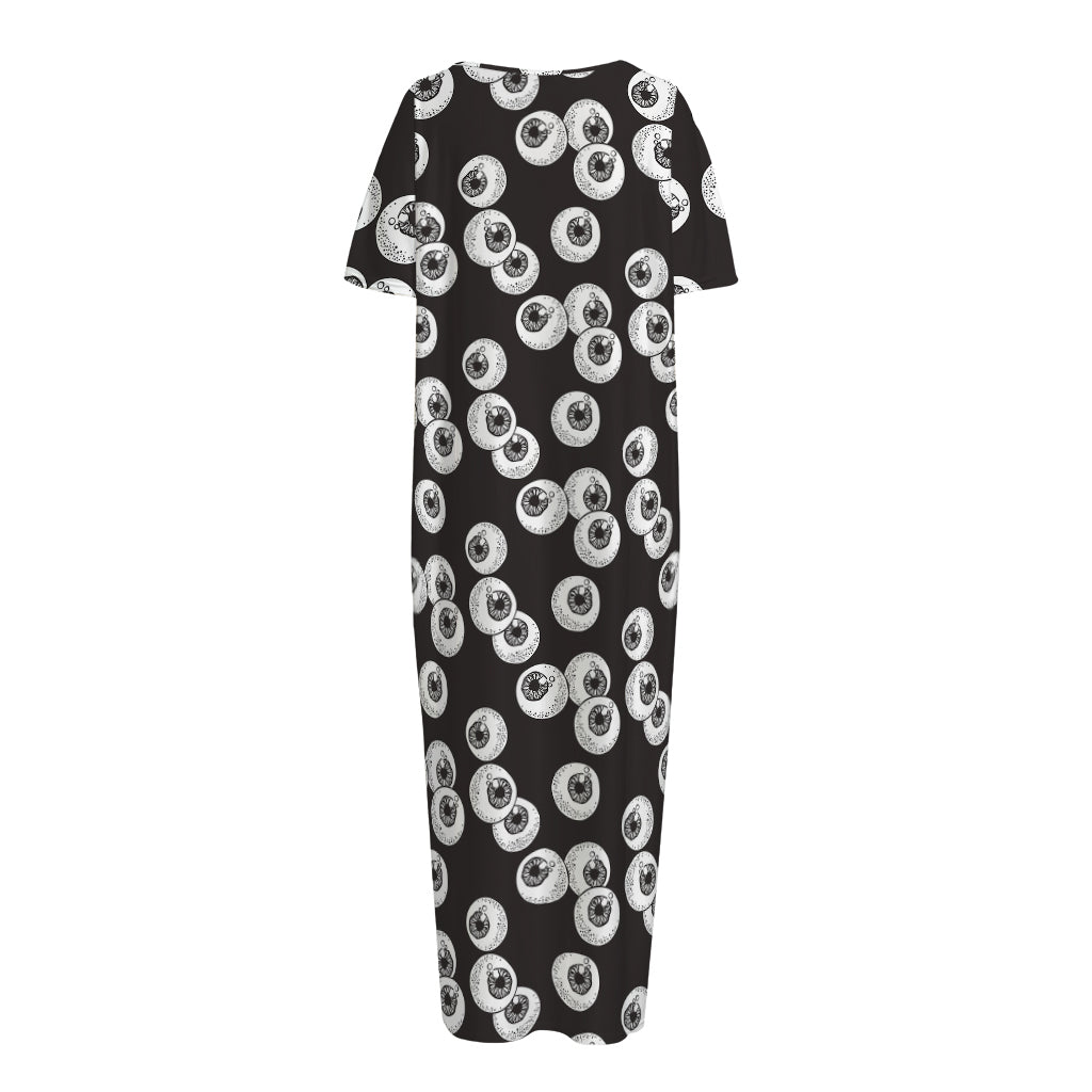 Black And White Eyeball Pattern Print Short Sleeve Long Nightdress