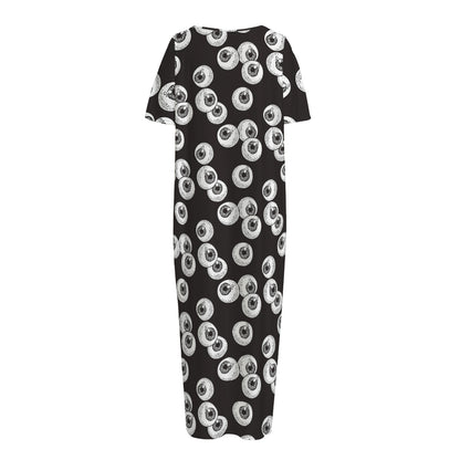 Black And White Eyeball Pattern Print Short Sleeve Long Nightdress