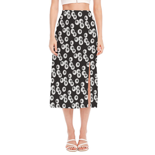 Black And White Eyeball Pattern Print Side Slit Midi Skirt