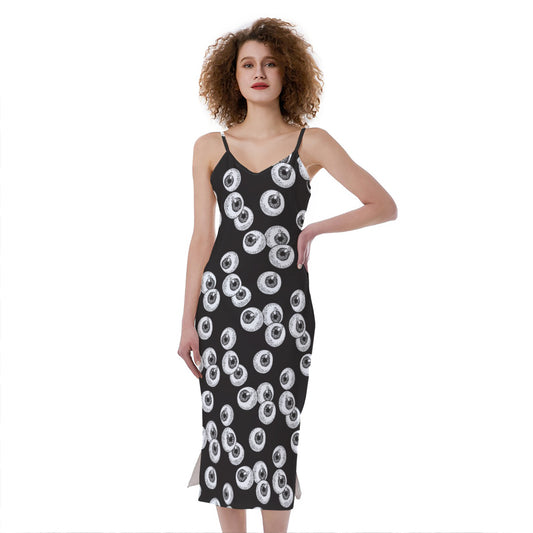 Black And White Eyeball Pattern Print Slim Fit Midi Cami Dress