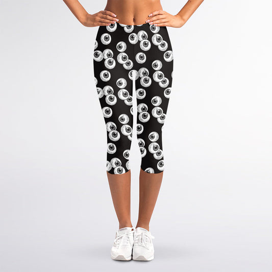 Black And White Eyeball Pattern Print Women's Capri Leggings