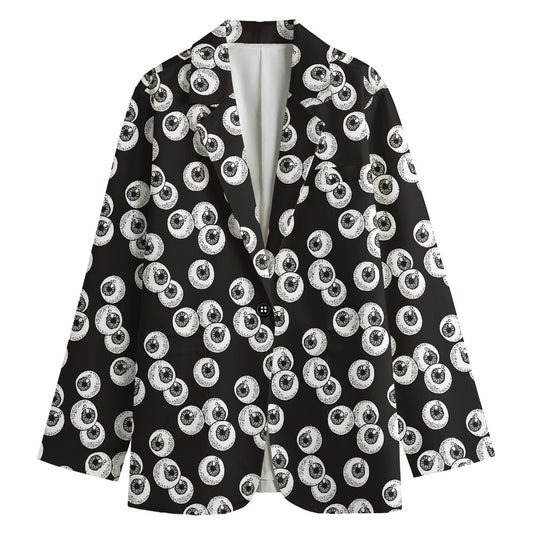 Black And White Eyeball Pattern Print Women's Cotton Blazer