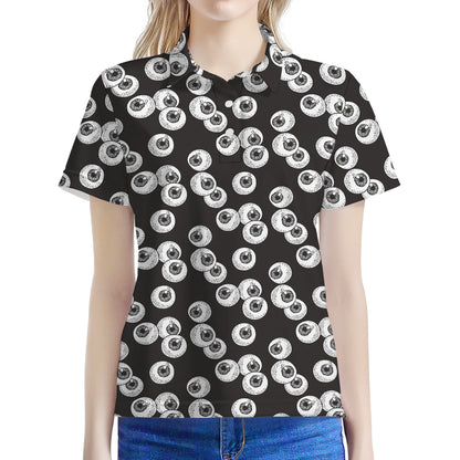 Black And White Eyeball Pattern Print Women's Polo Shirt
