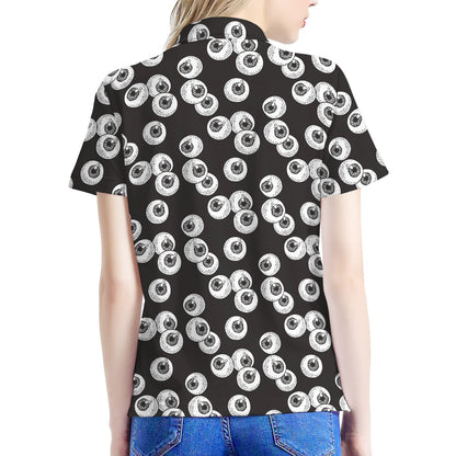 Black And White Eyeball Pattern Print Women's Polo Shirt