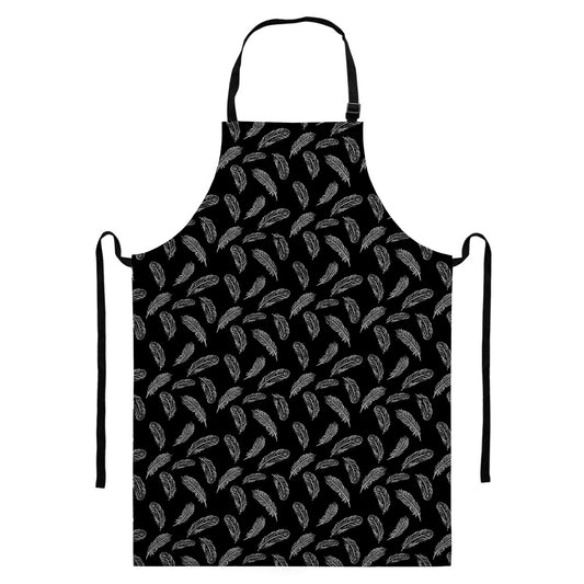 Black And White Feather Pattern Print Bib Apron With Pocket