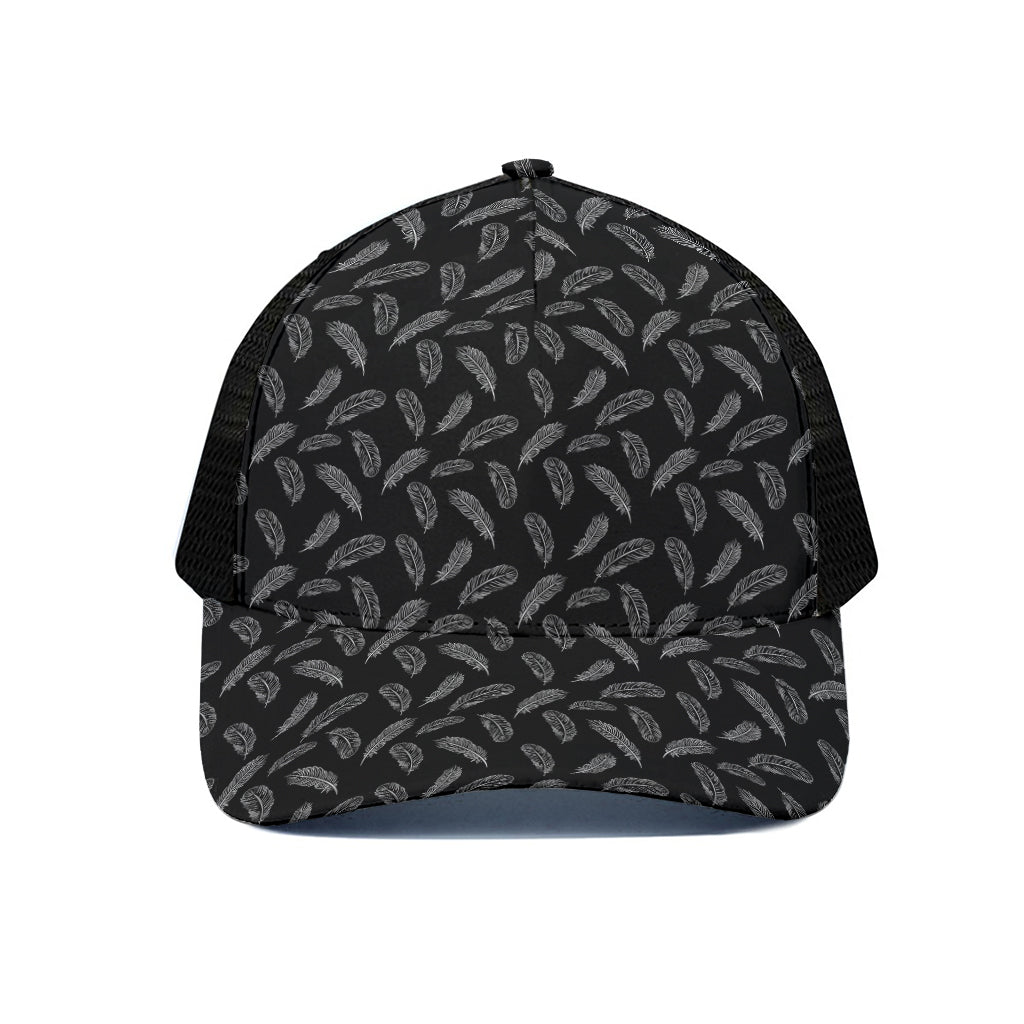Black And White Feather Pattern Print Black Mesh Trucker Cap