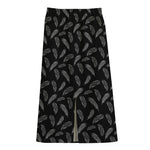 Black And White Feather Pattern Print Cotton Front Slit Maxi Skirt