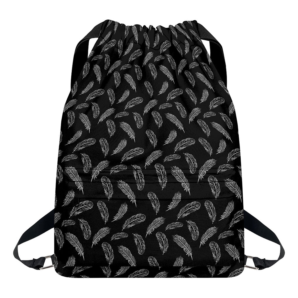 Black And White Feather Pattern Print Drawstring Backpack