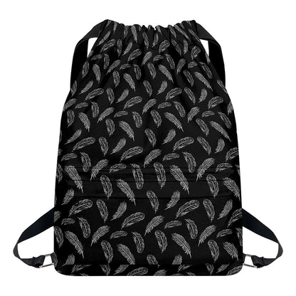 Black And White Feather Pattern Print Drawstring Backpack