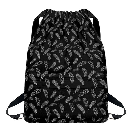 Black And White Feather Pattern Print Drawstring Backpack