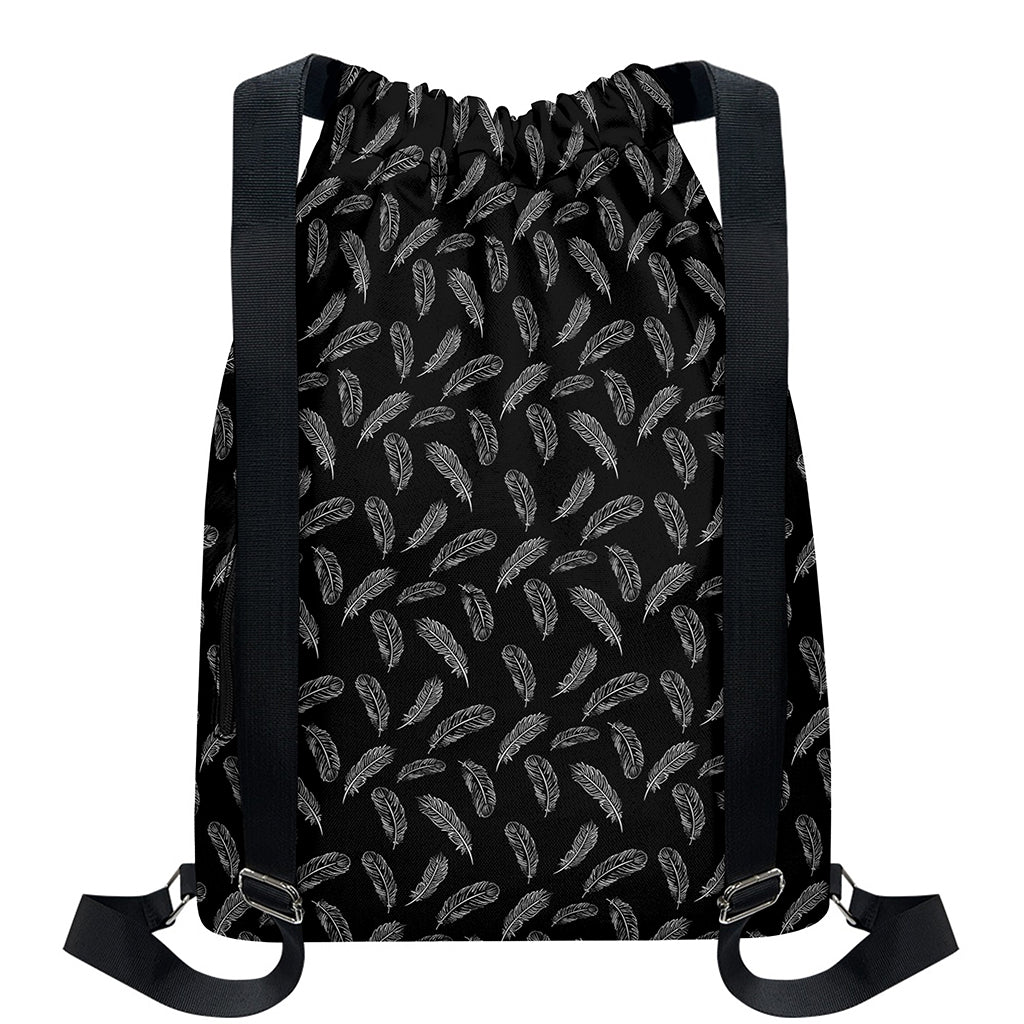 Black And White Feather Pattern Print Drawstring Backpack