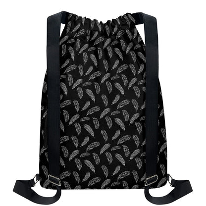 Black And White Feather Pattern Print Drawstring Backpack