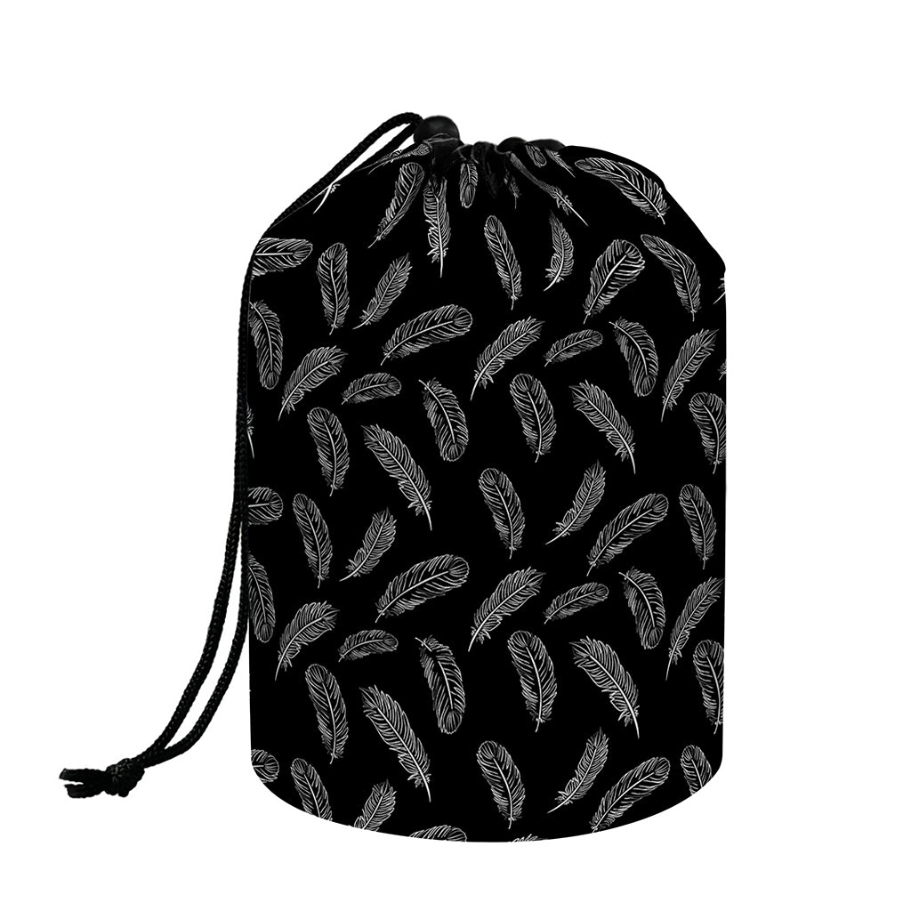 Black And White Feather Pattern Print Drawstring Makeup Bag