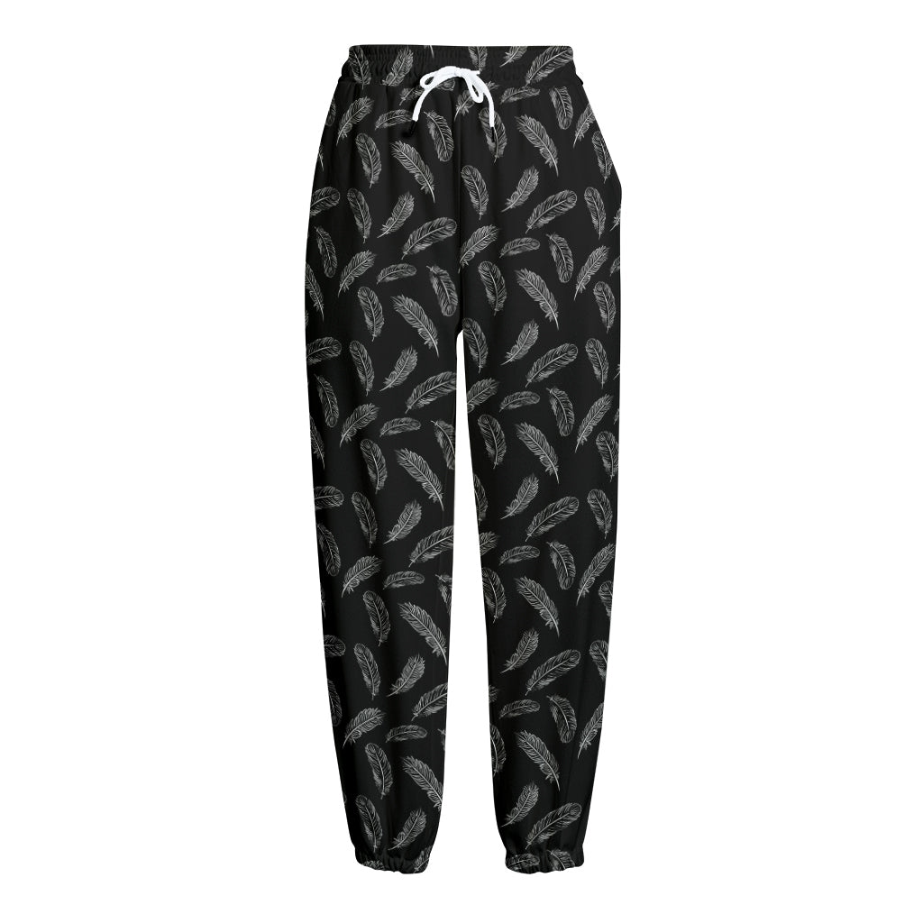 Black And White Feather Pattern Print Fleece Lined Knit Pants