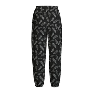 Black And White Feather Pattern Print Fleece Lined Knit Pants