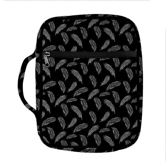 Black And White Feather Pattern Print Front Pocket Bible Bag