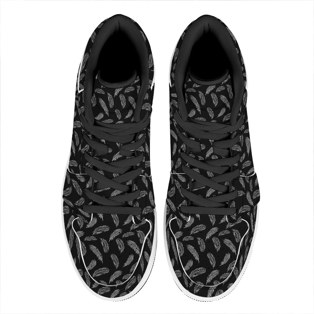 Black And White Feather Pattern Print High Top Leather Sneakers