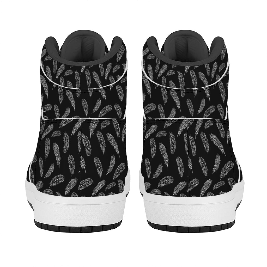 Black And White Feather Pattern Print High Top Leather Sneakers