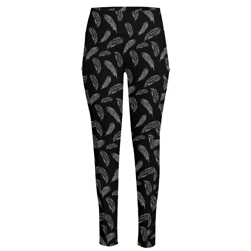 Black And White Feather Pattern Print High-Waisted Pocket Leggings