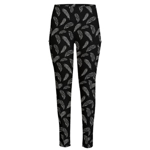 Black And White Feather Pattern Print High-Waisted Pocket Leggings