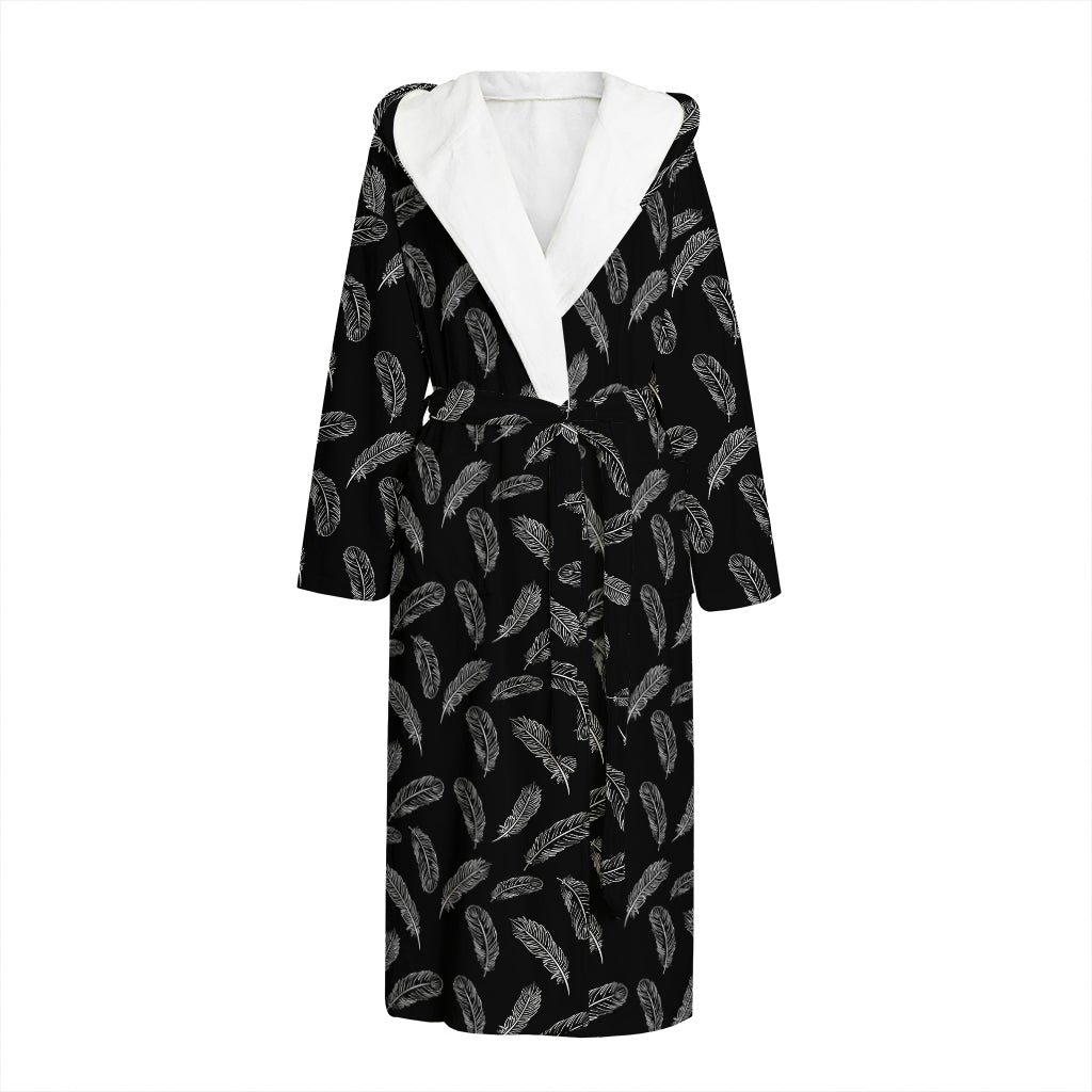 Black And White Feather Pattern Print Hooded Bathrobe