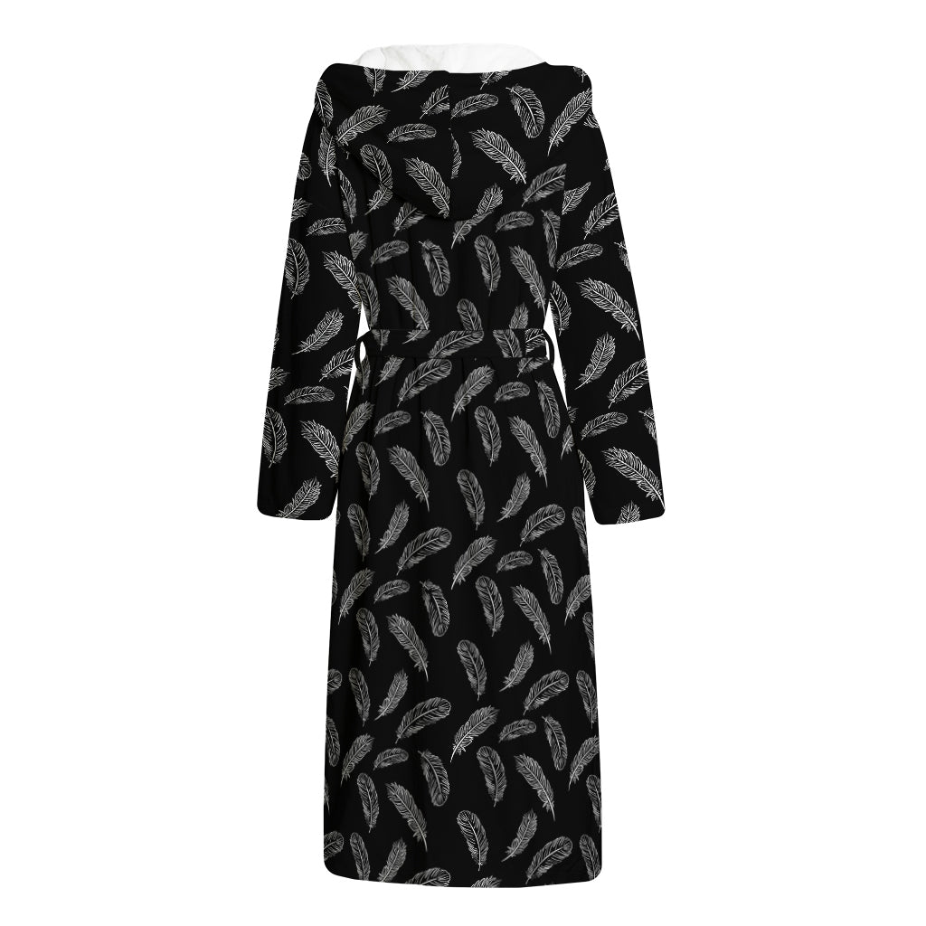 Black And White Feather Pattern Print Hooded Bathrobe