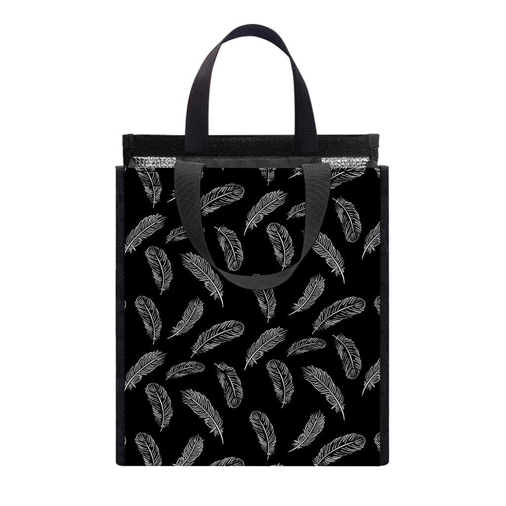 Black And White Feather Pattern Print Insulated Lunch Tote