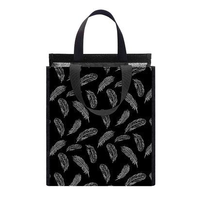 Black And White Feather Pattern Print Insulated Lunch Tote