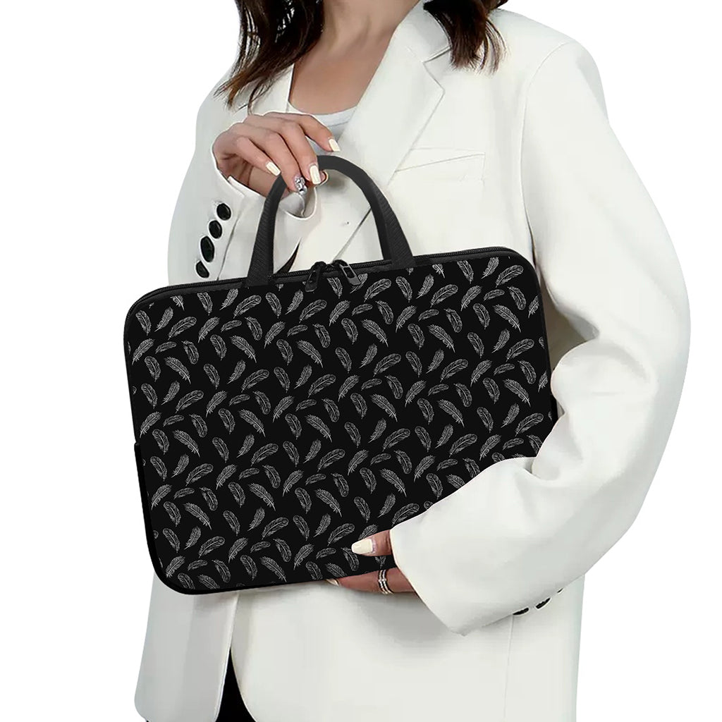 Black And White Feather Pattern Print Laptop Sleeve With Handle