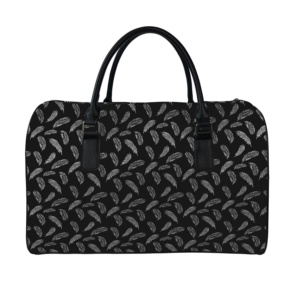 Black And White Feather Pattern Print Leather Duffle Bag
