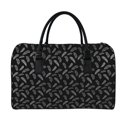 Black And White Feather Pattern Print Leather Duffle Bag