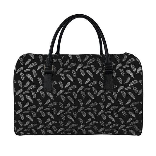 Black And White Feather Pattern Print Leather Duffle Bag