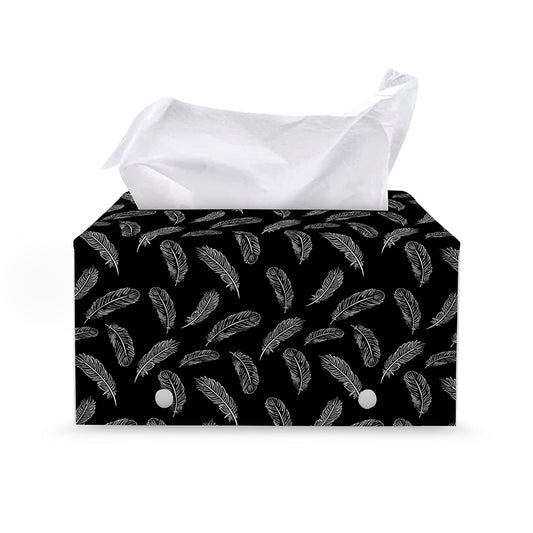Black And White Feather Pattern Print Leather Tissue Box Cover
