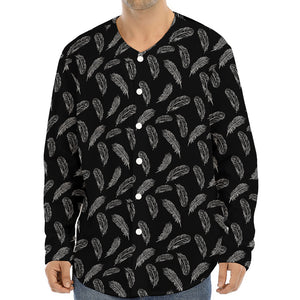 Black And White Feather Pattern Print Long Sleeve Baseball Jersey